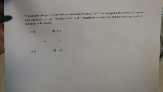 3. Four point charges , two positive and two negative (each 2 JuC), are arranged at the corners of a square with side length