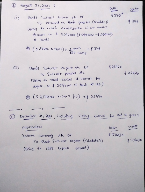 ② August 31,2021 : Debit Credit $ 378 Bonds Interest expense ale or $378* To Discound on Bonds payable (schedele 1) (Being to