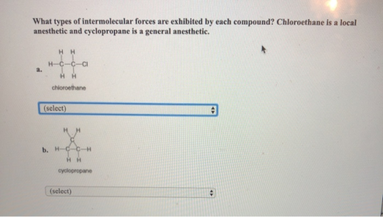 What types of intermolecular forces are exhibited by each compound? Chloroethane is a local anesthetic and cyclopropane is a