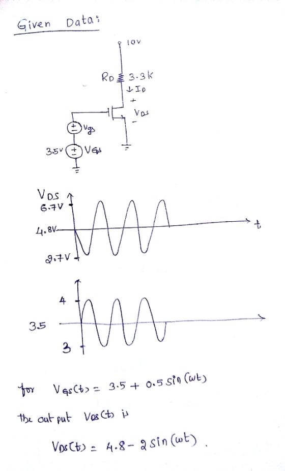 for Vasct) - 3.5 + 0.5 Sin (wt) Given Data: 10V Ro 3.3k ID Vos 19 3.5V VGA Vos 6.7V M 4.8V 9.7V + 4 35 the output Vosct) is V