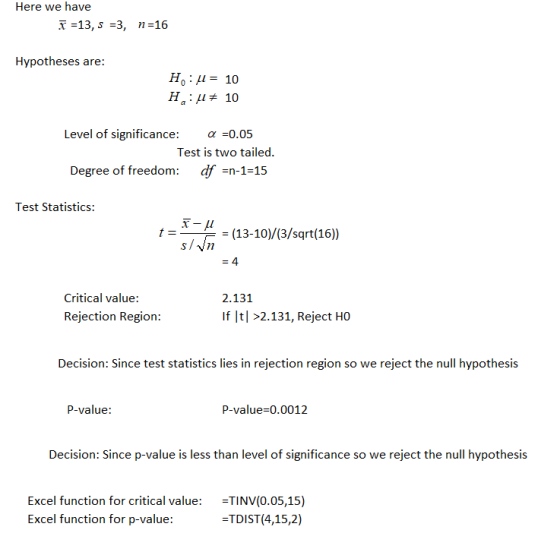 Here we have -13, s -3, n-16 Hypotheses are Level of significance a-0.05 Test is two tailed Degree of freedom: df -n-1-15 Tes