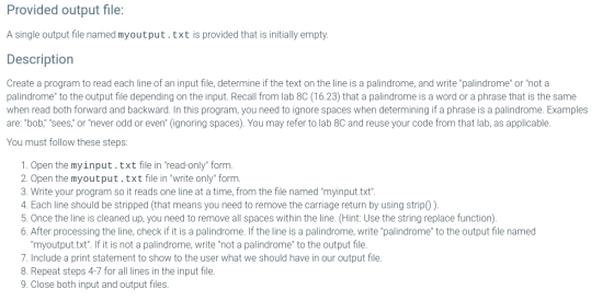Provided output file: A single output file named myoutput.txt is provided that is initially empty. Description Create a progr