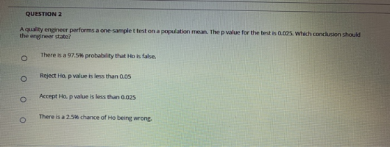 QUESTION 2 A quality engineer performs a one-sample t test on a population mean. The p value for the test is 0.025. Which con