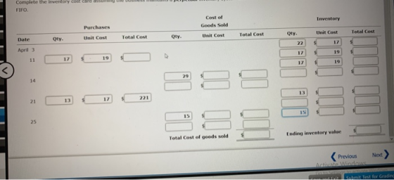 I LIM UN JULIUDI Complete the inventory cost card as FIFO. Inventory Purchases Cost of Goods Sold Unit Cost Total Cost Qty. U