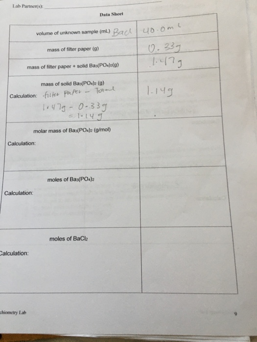 Lab Partner(s) Data Sheet Rark volume of unknown sample (mL) 40-0m V.237 mass of filter paper (g) mass of filter paper+ solid