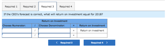 Required 1 Required 2 Required 3 Required 4 If the CEOs forecast is correct, what will return on investment equal for 2018?
