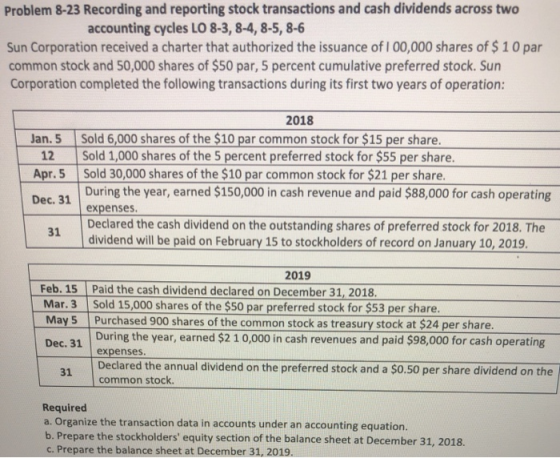 Problem 8-23 Recording and reporting stock transactions and cash dividends across two accounting cycles LO 8-3, 8-4, 8-5, 8-6