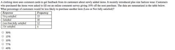 A clothing store uses comment cards to get feedback from its customers about newly added items. It recently introduced plus s