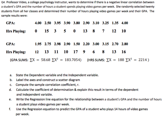 Q4. Professor Video, a college psychology instructor, wants to determine if there is a negative linear correlation between a