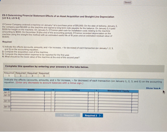 Saved E9-3 Determining Financial Statement Effects of an Asset Acquisition and Straight-Line Depreciation (LO 9-2, LO 9-3) O