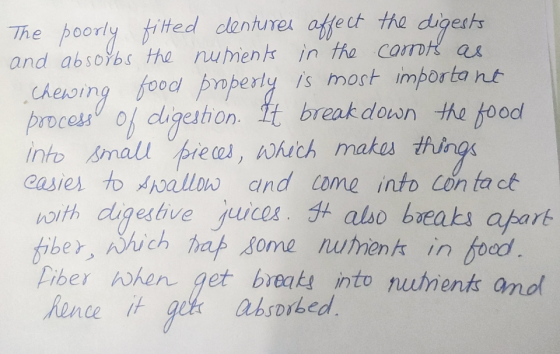 The poorly filted dentures affect the digests and absorbs the nutrients in the carrots as chewing food property is most impor