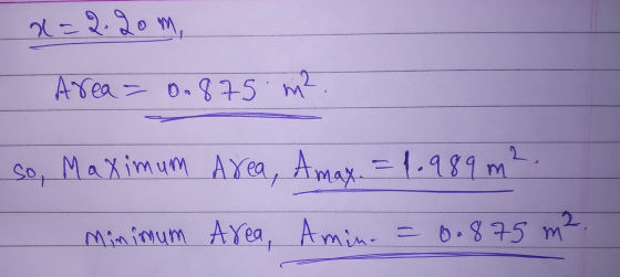 x=2.dom, Area = 0.875 m² so, Maximum Area, Amax. = 1.989 m². . Minimum Area, Amin. = 0.875 m²