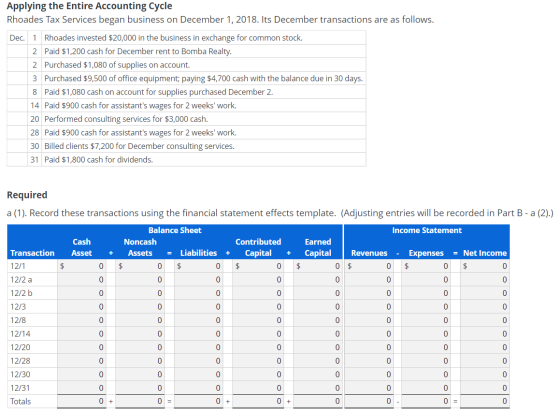 Applying the Entire Accounting Cycle Rhoades Tax Services began business on December 1, 2018. Its December transactions are a