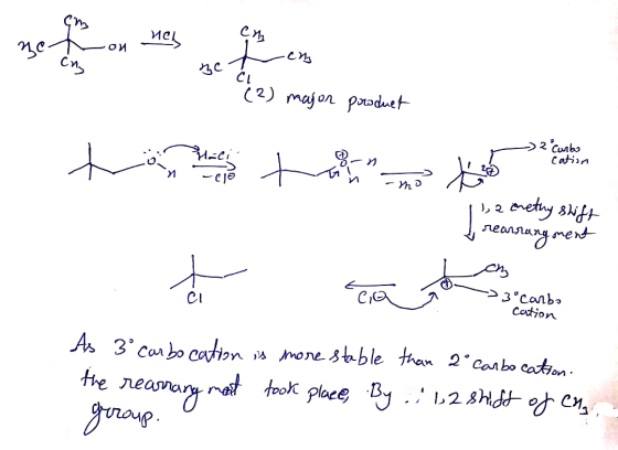 an __nel no ои ch Сп, he си t (2) major product CL qualis 2 Curbo Cation -eje ti -mo 1, 2 emetry shift nea rearrangment t CI
