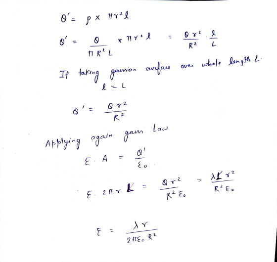 O= P x free R2 é = o x Threl = orze AppL If taking gausion surface over whole length L. lol o= or R2 Eo Applying again gaur