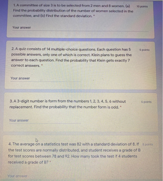 10 points 1. A committee of size 3 is to be selected from 2 men and 8 women. (a) Find the probability distribution of the num