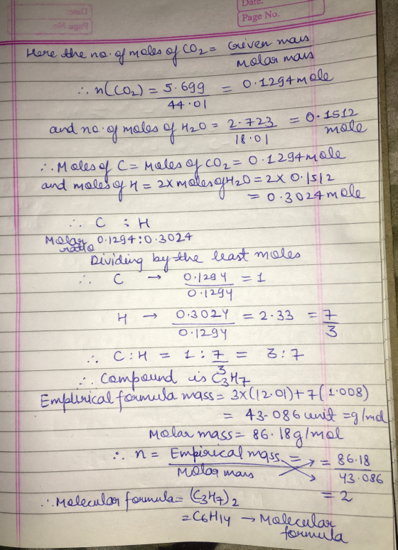 Date. Page No. OM Cauve w was Here the no. of moles of Co2 = Molar mais = 0.1512 mole les of H2O = 2.723 – 0.1294 mole inlco₂