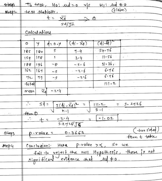 Step tep Hi: ud to Cclaim) To test, Hoi udo vs test Statistic, t. xd soljn calculations Y 420-Y (di - Xa) 185 180 5 Cdi-Xe79