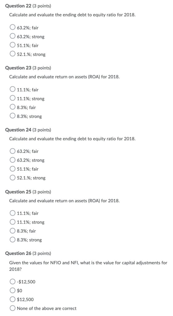 Question 22 (3 points) Calculate and evaluate the ending debt to equity ratio for 2018. O 63.2%; fair 0 63.2%; strong 51.1%;