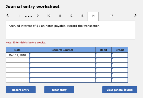 Journal entry worksheet < 1 ..... 9 10 11 12 13 14 Accrued interest of $1 on notes payable. Record the transaction. Note: Ent