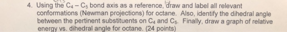 4. Using the CA-Cs bond axis as a reference, draw and label all relevant conformations (Newman projections) for octane. Also,