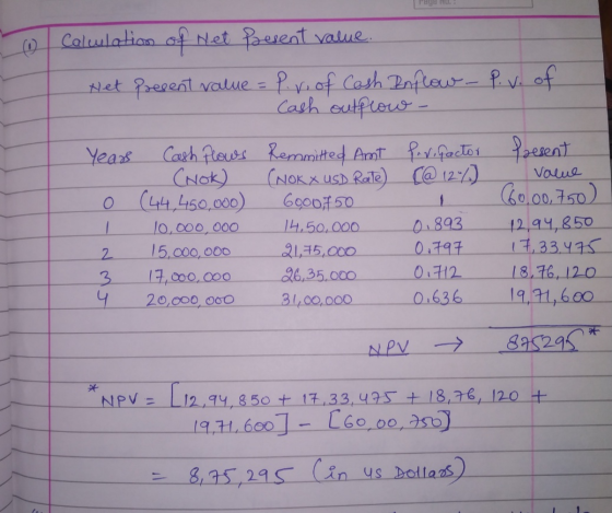 0 Calculation of Net Present value Net Present value = P. r. of Cash Inflow - P. v. of Cash outflow - Year Cash flows (NOK) 0