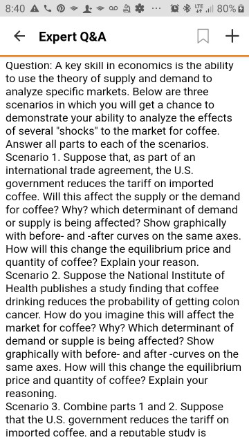 8:40 ALO a ... * . 80% + Expert Q&A 0 + Question: A key skill in economics is the ability to use the theory of supply and dem