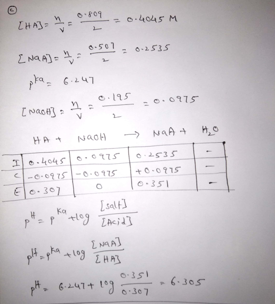 0.809 -0.4045 M 1 [HA]= 2 0-507 0-2535 2 ENGA] = h . pka = 6.247 o.195 0975 ya = Ľ NaOH)2 V 2 Natt HO НА 1 Naoh - 02535 +0.09