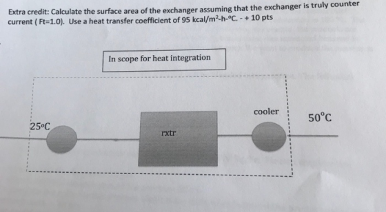 Extra credi current (t-1.0). Use a heat transfer coefficient of 95 kcal/m2-h- it: Calculate the surface area of the exchanger assuming that the exchanger is truly counter -oc.- 10 pts In scope for heat integration cooler 50°C 25°C rxtr