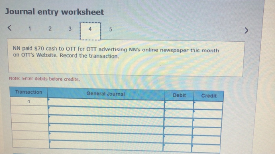 Journal entry worksheet < 1 2 3 NN paid $70 cash to OTT for OTT advertising NNs online newspaper this month on OTTs Website