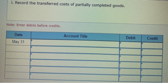 i. Record the transferred costs of partially completed goods. Note: Enter debits before credits. Account Title Date Debit Cre
