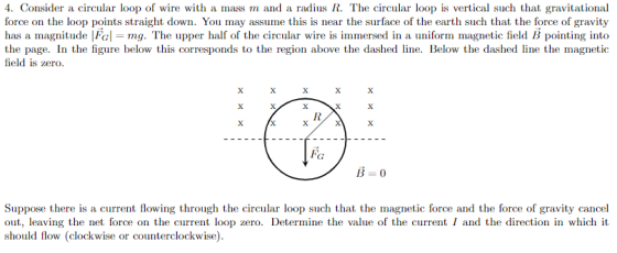 4. Consider a circular loop of wire with a mass m and a radius R. The circular loop is vertical such that gravitational force