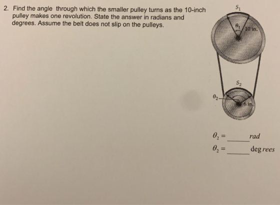 S1 2. Find the angle through which the smaller pulley turns as the 10-inch pulley makes one revolution. State the answer in radians and degrees. Assume the belt does not slip on the pulleys. in. s2 02 6i rad deg rees