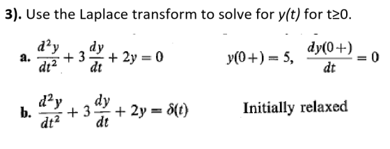 3). Use the Laplace transform to solve for y(t) for t20. y(0 +) = 5, dt dt dt Initially relaxed dtdt