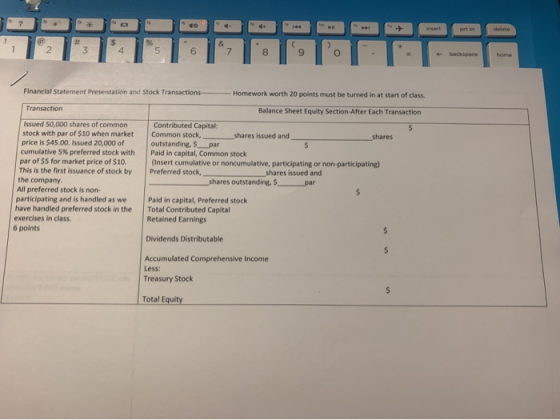 Financial Statement Presentation and Stock Transactions........ Homework worth 20 points must be turned in at start of class