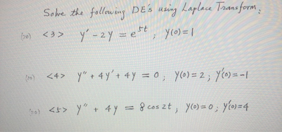 Some the following DEs using Laplace Transform. 1) <3> y - 2 y = a* (0) = | (<4> Y + 4y + 4y = 0; Y(0) = 2 ; Y6u =-| - <s>