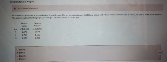 Current Attempt in Progress * Your answer is incorrect. Blossomrecently invested in a project with a 3-year life span. The ne