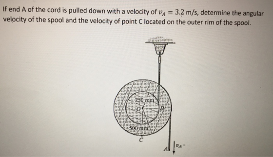 If end A of the cord is pulled down with a velocity of va = 3.2 m/s, determine the angular velocity of the spool and the velo
