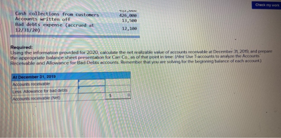 Check my work Cash collections from customers Accounts written off Bad debts expense (accrued at 12/31/20) 14, 426,000 13,500