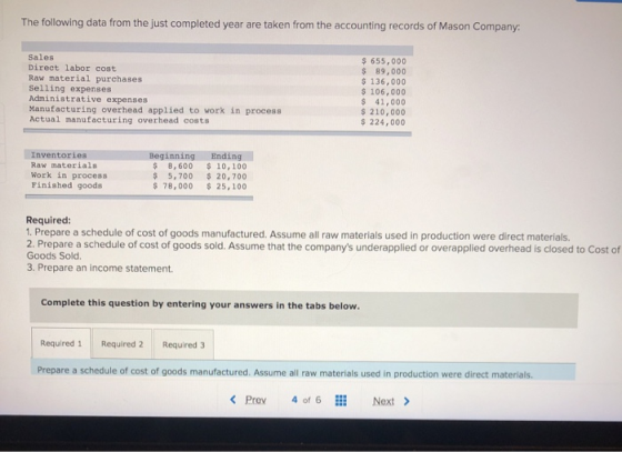The following data from the just completed year are taken from the accounting records of Mason Company: Sales Direct labor co
