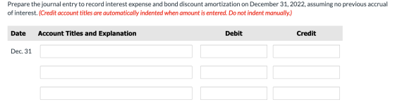 Prepare the journal entry to record interest expense and bond discount amortization on December 31, 2022, assuming no previou