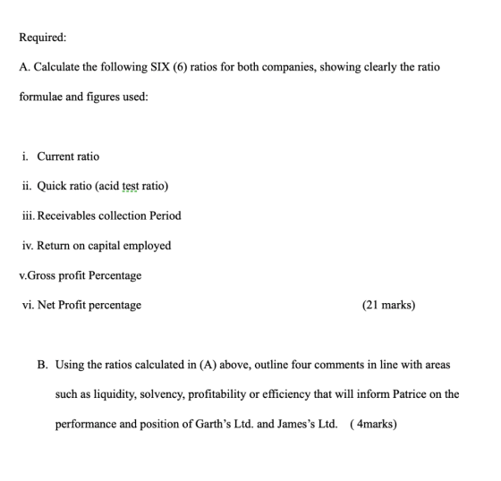 Required: A. Calculate the following SIX (6) ratios for both companies, showing clearly the ratio formulae and figures used: