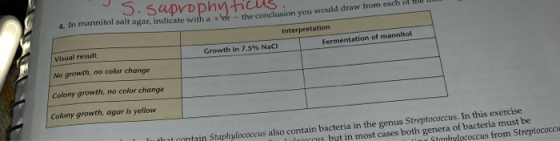 owpn It agar, indicate with ar- the conclusion you would draw from each of Interpretation Visual result Fermentation of manni