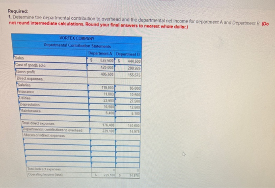 Required: 1. Determine the departmental contribution to overhead and the departmental net income for department A and Departm