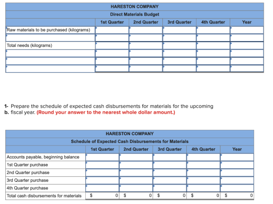 HARESTON COMPANY Direct Materials Budget 1st Quarter 2nd Quarter 3rd Quarter 4th Quarter Year Raw materials to be purchased (