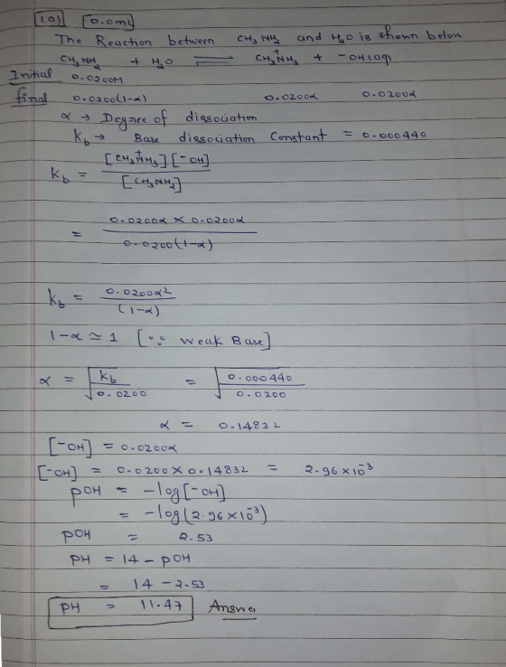 la) and Ho is shewn belon The Reaction between CH3 NH C4NH Initial o.0200M fnal O.O2008 O.020001- O.02004 Degnee of dissodati