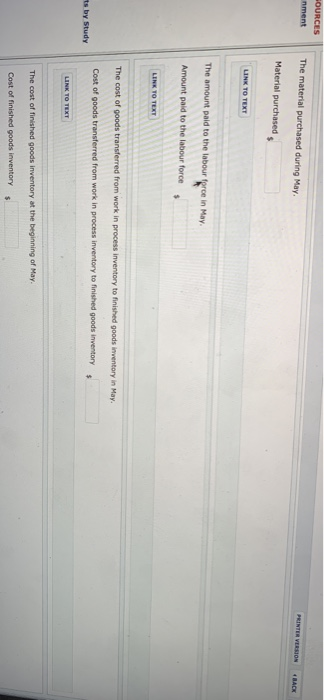 ON BACK nment The material purchased during May. Material purchased LINK TO TEXT The amount paid to the labour force in May Amount paid to the labour force The cost of goods transferred from work in process inventory to finished goods inventory in May Cost of goods transferred from work in process inventory to finished goods inventony ts by Study The cost of finished goods inventory at the beginning of May Cost of finished goods inventory s