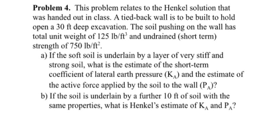 Problem 4. This problem relates to the Henkel solution that was handed out in class. A tied-back wall is to be built to hold