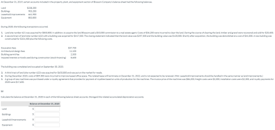 At December 31, 2019, certain accounts included in the property, plant, and equipment section of Blossom Companys balance sh