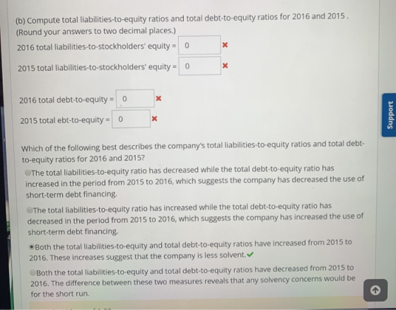 (b) Compute total liabilities-to-equity ratios and total debt-to-equity ratios for 2016 and 2015. (Round your answers to two